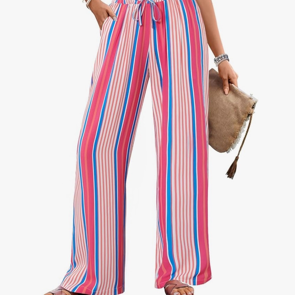 Amazon Wide Leg Striped Pants in Pink, Blue, White